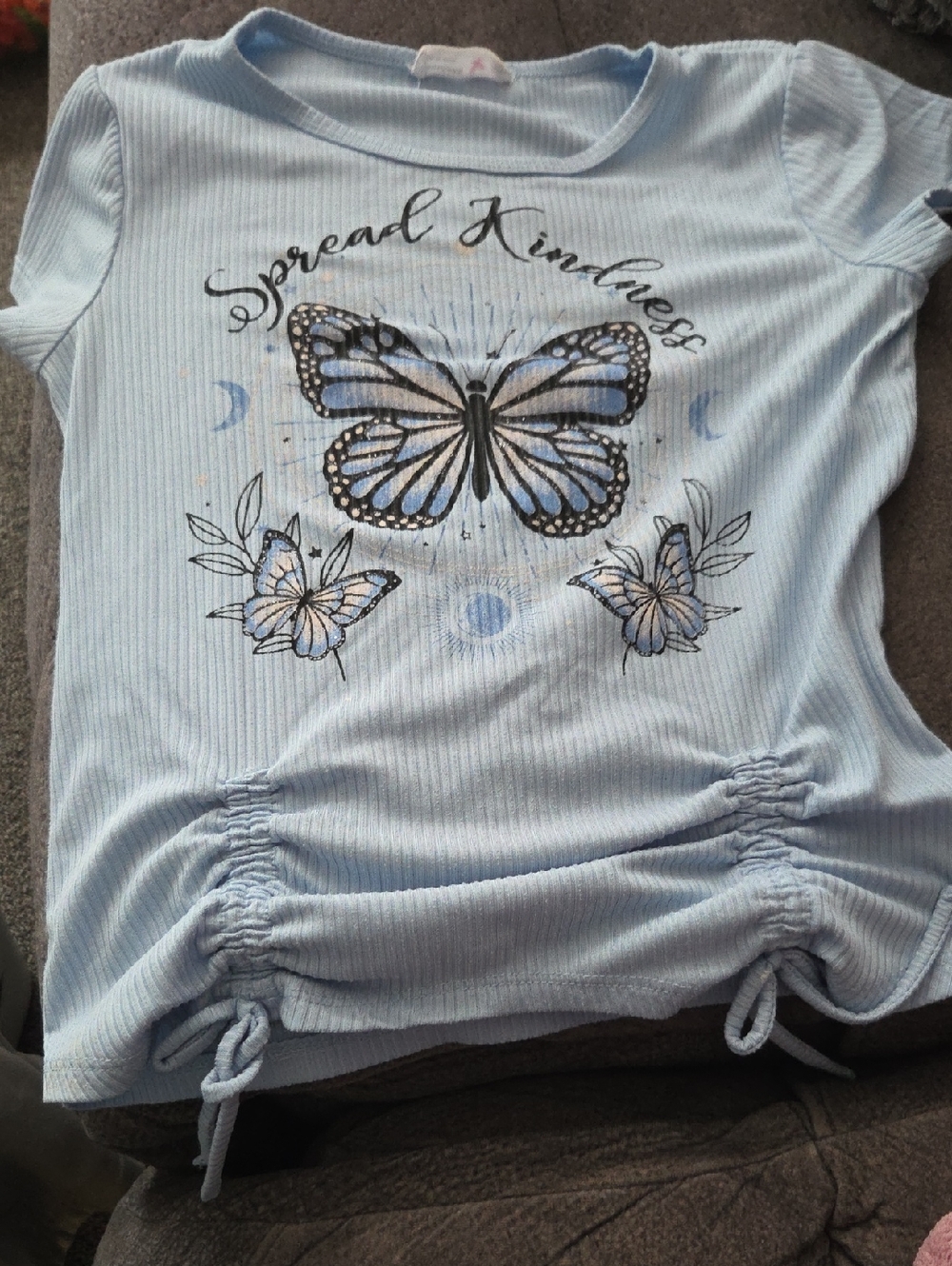 Beautees Light Blue Butterfly Ruched Short Sleeve Tee